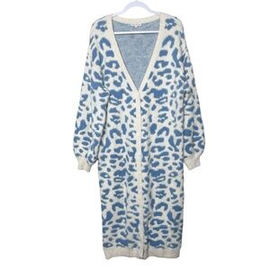 Moon River Fuzzy Knit Leopard Print Button Cardigan Sweater Blue White Small